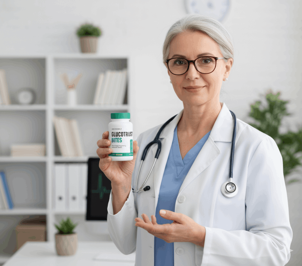 doctor holding GlucoTrust Bites bottle